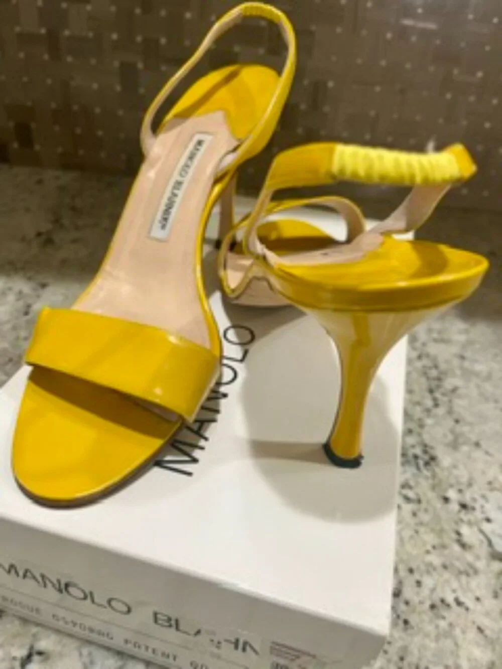 Manolo Blahnik Yellow Patent Leather Sling Backs, Size 40